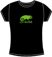 Black fitted t-shirt with light green openSUSE logo